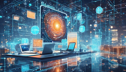 Big data technologies and data science. Data scientists computer, analiyce, and display data