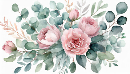 arrangement of flowers adorned with eucalyptus foliage and hazy pink watercolor flowers - obrazy, fototapety, plakaty