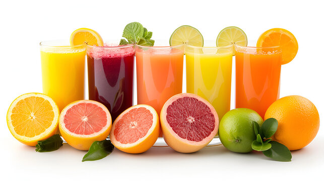 Tasty fruits and juice with vitamins on background, generative ai