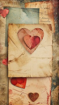 A collage of vintage Valentine's postcards artfully overlapped with a clear central area for text. Vertical. 
