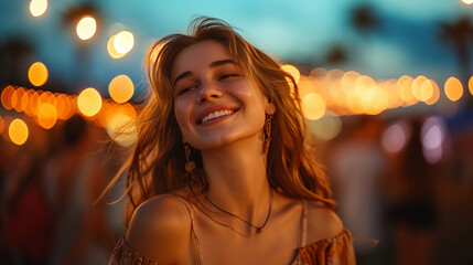 Portrait of young adult girl dancing in beach party at lovely evening, enjoying her summer vacation holiday at tropical paradice