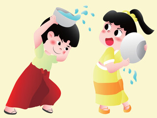 Illustration vector of cute characters of Myanmar Water Festival