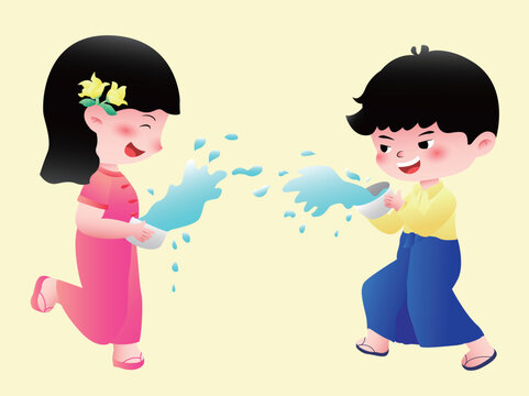 Illustration vector illustration of cute characters children playing with water during Myanmar Water Festival