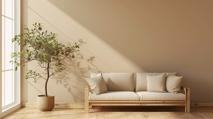 living room with a couch and plant beige wall