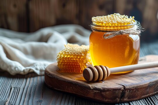 Jar of honey with honeycomb 