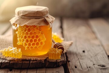 Jar of honey with honeycomb 