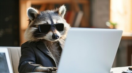 A clever raccoon in a smart suit and sunglasses, using a laptop in an office setting