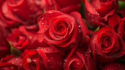 A close-up of a lush, vibrant bouquet of red roses with dew drops background