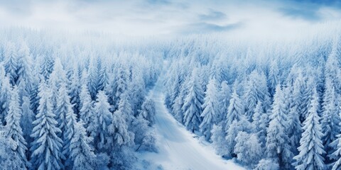 Beautiful winter landscape from above. View of the forest and road. Generative AI