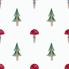 Watercolor summer pattern with Christmas tree and fly mushrooms