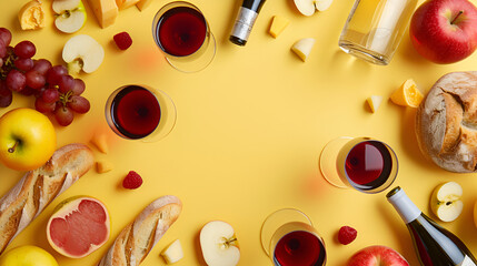 The frame of the products is a yellow background. Wine , baguette, grapes