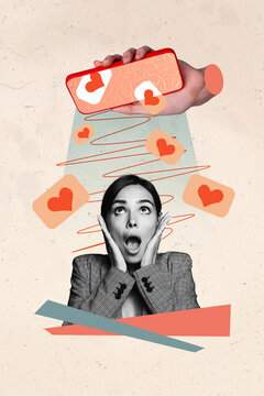 3d magazine collage image of impressed lady getting instagram twitter telegram facebook likes isolated beige color background