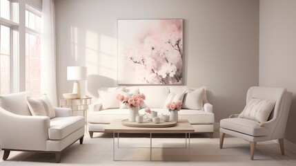 Create a serene atmosphere with a neutral palette, incorporating soft grays, whites, and muted pastels