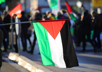 Palestine flag black white and green with red triangle waving during the protest demonstration in...