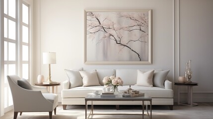Create a serene atmosphere with a neutral palette, incorporating soft grays, whites, and muted pastels