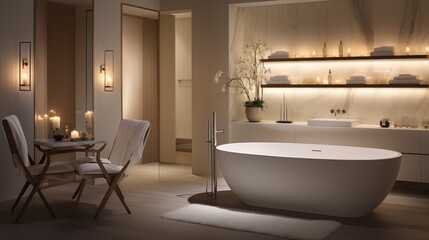 Create a spa-like atmosphere with a freestanding bathtub, ambient lighting, and calming neutral tones