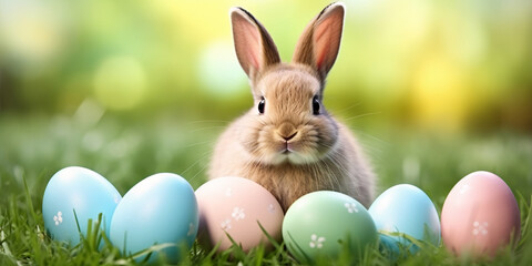 Banner with cute bunny and colorful painted easter eggs in grass
