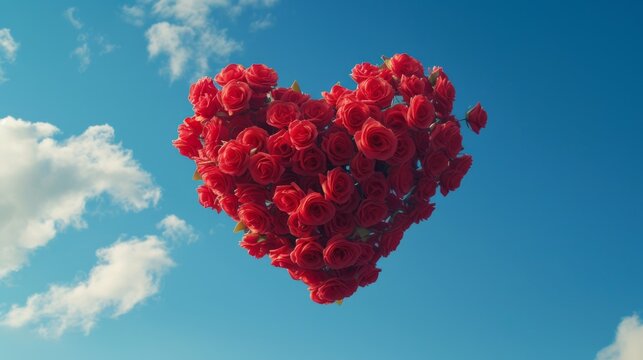 A surreal, dream-like image of a heart-shaped cloud of red roses against a deep blue sky background