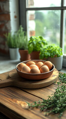 There is a pan with eggs on a light wood countertop, the location is a modern kitchen with light kitchen cabinets, and a window is visible in the background of the countertop. 