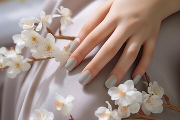 Obraz na płótnie Canvas Intricate details of womans hands showcasing an elegant, neutral-toned manicure