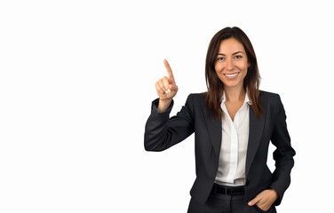 Mexican adult businesswoman in black suit pointing finger up and smiling in front of white background n studio.