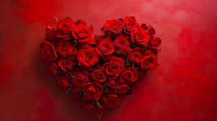 A vibrant red heart composed entirely of lush red roses, set against a contrasting solid color background for a striking effect