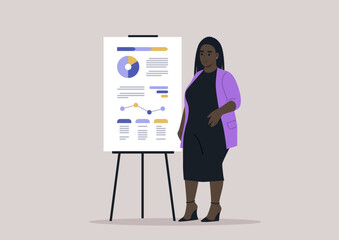 An elegantly dressed plus-size woman, adorned in a vibrant cardigan, a simple black dress, and wedge shoes, stands next to a flip board, confidently presenting a business report - obrazy, fototapety, plakaty