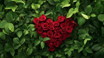 An eco-friendly, green concept of a heart made from red roses with a background of lush green leaves