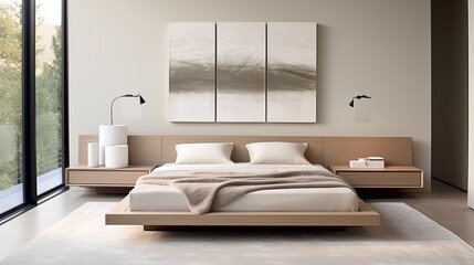 Fototapeta na wymiar Embrace a minimalist approach with a simple platform bed, neutral bedding, and streamlined furniture