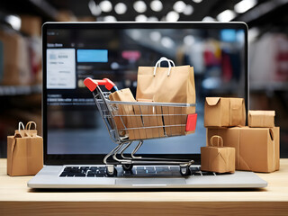 Product package boxes and shopping bag in cart with laptop computer which web store shop on screen for online shopping and delivery concept  - obrazy, fototapety, plakaty