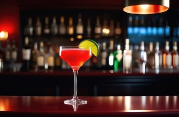 Cocktail with lime on the bar counter in a nightclub