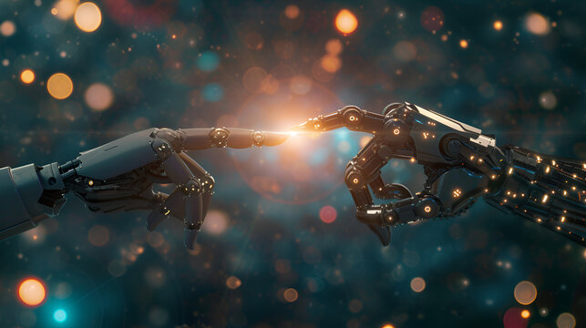 Two robot hands touch finger to finger