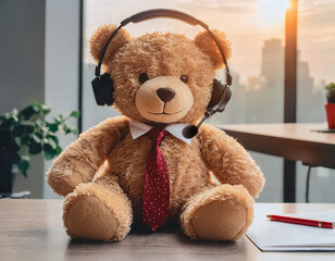Call center teddy bear with headset sitting on office desk