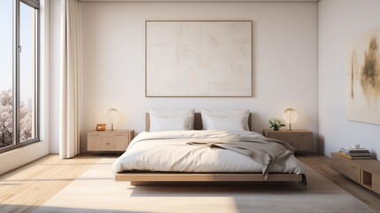 Embrace a minimalist approach with a simple platform bed, neutral bedding, and streamlined furniture