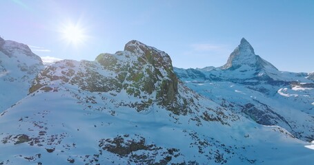 Gornergrat with Matterhorn view during winter in Switzerland. Majestic mountain peaks iconic famous...