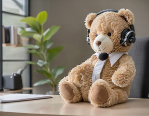 Teddy bear on desk with headset in office
