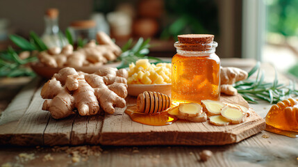 honey jar with ginger on a wooden board, natural medicine concept 