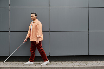 handsome indian blind man in orange jacket with helping stick walking with gray wall on backdrop