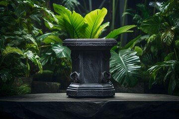 a white stone pedestal on a jungle background, in the style of dark gray, photo-realistic landscapes, vibrant stage backdrops, eco-friendly 