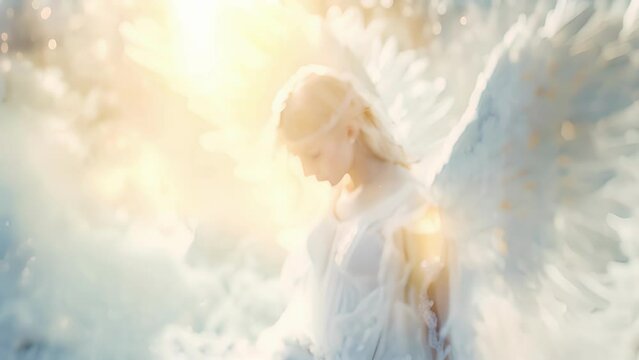 An ethereal angelic figure surrounded by a soft white light and healing blessings upon those in need.