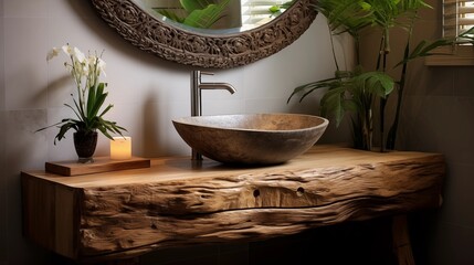 Install a unique vanity with a vessel sink and a statement mirror to add character to the bathroom - Powered by Adobe