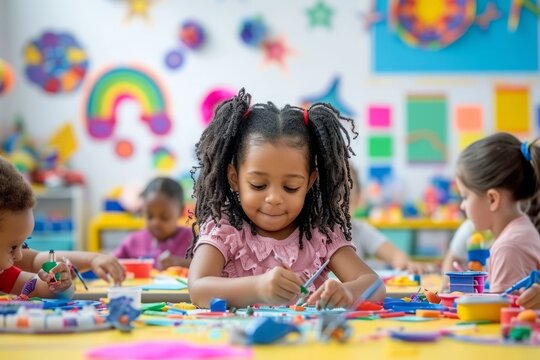 Preschool children are engaged in arts and crafts
