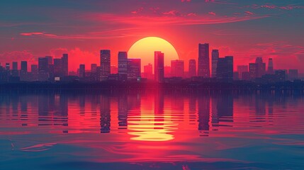 Fototapeta premium A sunset with a cityscape in silhouette.