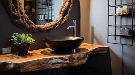 Install a unique vanity with a vessel sink and a statement mirror to add character to the bathroom - Powered by Adobe