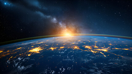 planet Earth globe from space. Glowing city lights, light clouds. Generative Ai, 