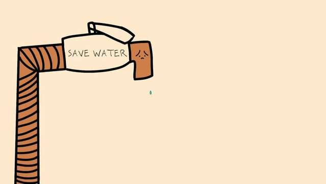 Animation of water dripping from a water tap with flat colors is suitable for the concept of saving water and environmental care content
