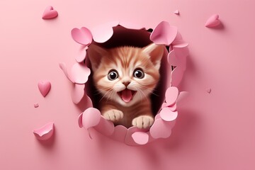 Charming little kitten playfully peering through heart-shaped opening on a delicate pastel backdrop