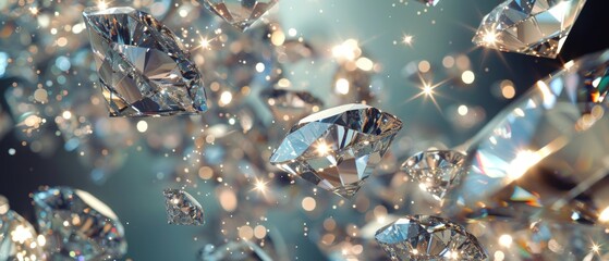 A cascade of falling diamonds background, each catching the light at different angles, symbolizing opulence and motion.