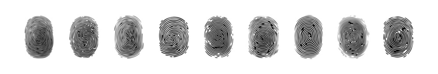 Set of Fingerprint patterns, clear lines and swirls. Human thumbprint. Icon, pictogram, logo. Black and white illustration. Vector isolated on a white background. Security concept.