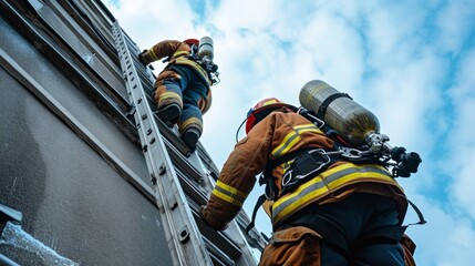 Firefighter searches for possible survivors climbing the stairs